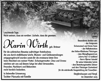 Traueranzeige von Karin Wirth von Südthüringer Presse