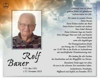 Traueranzeige von Rolf Bauer von Südthüringer Presse