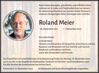 Traueranzeige von Roland Meier von Südthüringer Presse