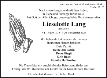 Traueranzeige von Lieselotte Lang von Frankenpost