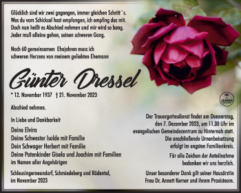Traueranzeige von Günter Dressel von Südthüringer Presse