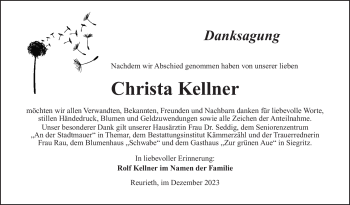 Traueranzeige von Christa Kellner von Südthüringer Presse