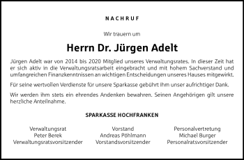 Traueranzeige von Jürgen Adelt von Frankenpost