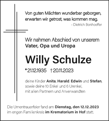 Traueranzeige von Willy Schulze von Frankenpost