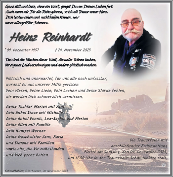 Traueranzeige von Heinz Reinhardt von Südthüringer Presse