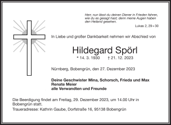 Traueranzeige von Hildegard Spörl von Frankenpost