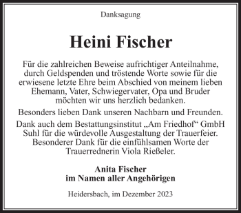 Traueranzeige von Heini Fischer von Südthüringer Presse