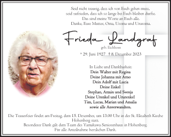 Traueranzeige von Frieda Landgraf von Frankenpost