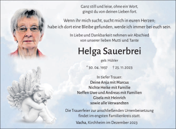 Traueranzeige von Helga Sauerbrei von Südthüringer Presse