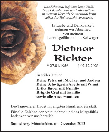 Traueranzeige von Dietmar Richter von Südthüringer Presse