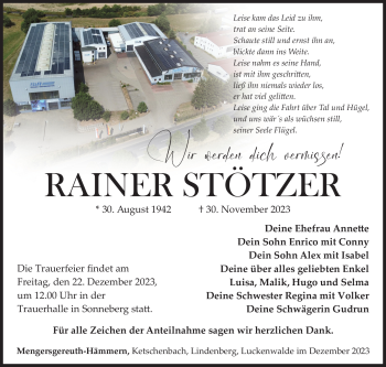 Traueranzeige von Rainer Stötzer von Südthüringer Presse