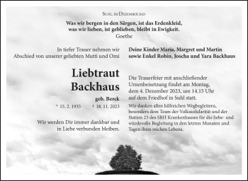 Traueranzeige von Liebtraut Backhaus von Südthüringer Presse