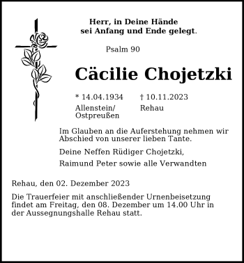 Traueranzeige von Cäcilie Chojetzki von Frankenpost