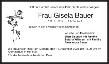 Traueranzeige von Gisela Bauer von Frankenpost