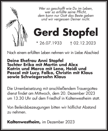 Traueranzeige von Gerd Stopfel von Südthüringer Presse