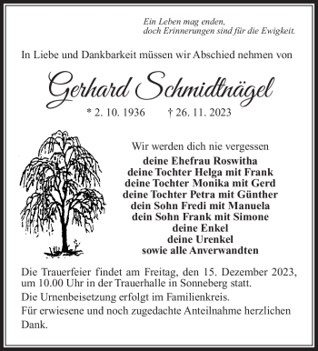 Traueranzeige von Gerhard Schmidtnägel von Südthüringer Presse