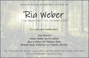 Traueranzeige von Ria Weber von Frankenpost