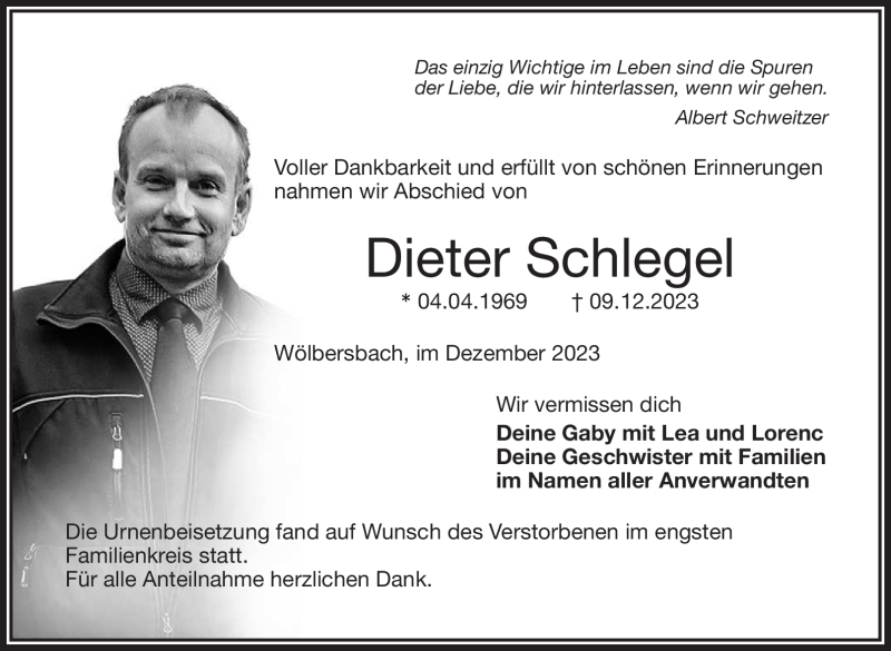  Traueranzeige für Dieter Schlegel vom 23.12.2023 aus Frankenpost