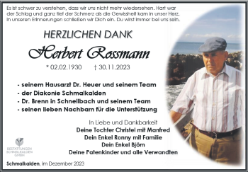Traueranzeige von Herbert Rossmann von Südthüringer Presse