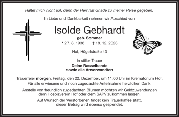 Traueranzeige von Isolde Gebhardt von Frankenpost
