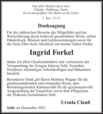 Traueranzeige von Ingrid Forkel von Südthüringer Presse