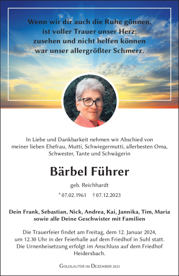 Traueranzeige von Bärbel Führer von Südthüringer Presse
