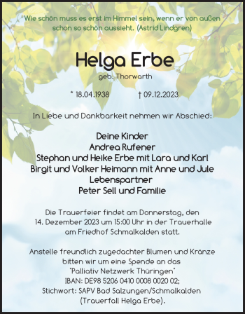 Traueranzeige von Helga Erbe von Südthüringer Presse