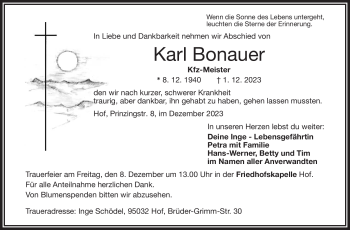 Traueranzeige von Karl Bonauer von Frankenpost