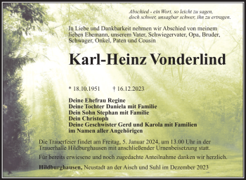 Traueranzeige von Karl-Heinz Vonderlind von Südthüringer Presse
