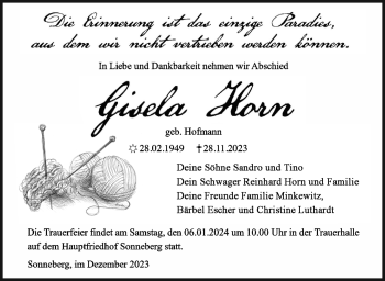 Traueranzeige von Gisela Horn von Südthüringer Presse