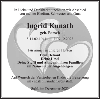Traueranzeige von Ingrid Kunath von Südthüringer Presse
