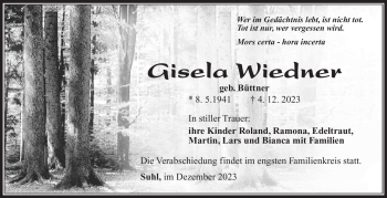 Traueranzeige von Gisela Wiedner von Südthüringer Presse