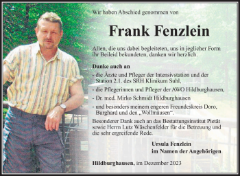 Traueranzeige von Frank Fenzlein von Südthüringer Presse