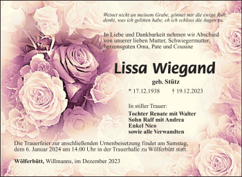Traueranzeige von Lissa Wiegand von Südthüringer Presse