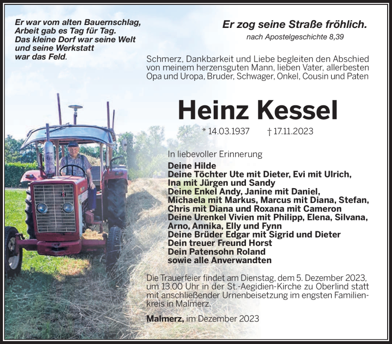  Traueranzeige für Heinz Kessel vom 02.12.2023 aus Südthüringer Presse