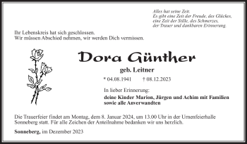 Traueranzeige von Dora Günther von Südthüringer Presse
