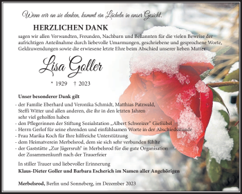 Traueranzeige von Lisa Goller von Südthüringer Presse