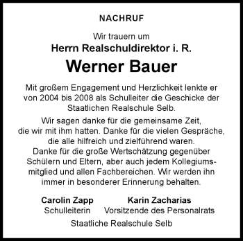 Traueranzeige von Werner Bauer von Frankenpost