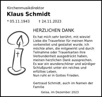 Traueranzeige von Klaus Schmidt von Südthüringer Presse