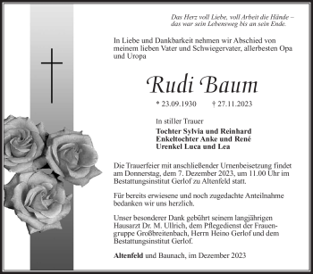 Traueranzeige von Rudi Baum von Südthüringer Presse