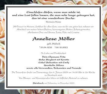 Traueranzeige von Anneliese Möller von Südthüringer Presse