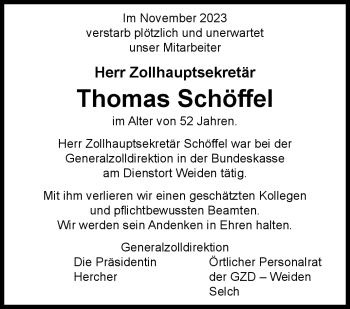 Traueranzeige von Thomas Schöffel von Frankenpost