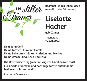Traueranzeige von Lieselotte Hacker von Südthüringer Presse