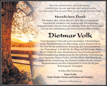 Traueranzeige von Dietmar Volk von Südthüringer Presse