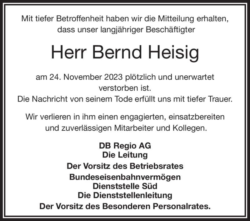  Traueranzeige für Bernd Heisig vom 02.12.2023 aus Frankenpost