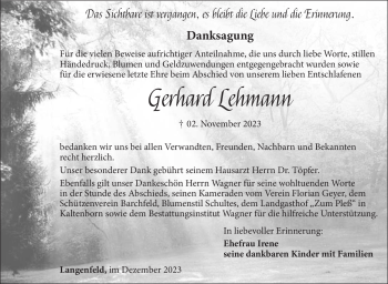 Traueranzeige von Gerhard Lehmann von Südthüringer Presse