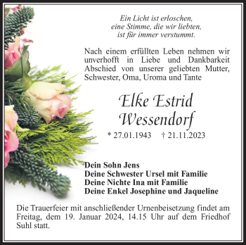 Traueranzeige von Elke Estrid Wessendorf von Südthüringer Presse