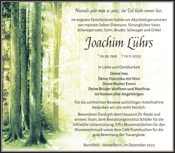Traueranzeige von Joachim Lührs von Südthüringer Presse