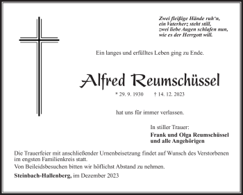 Traueranzeige von Alfred Reumschüssel von Südthüringer Presse