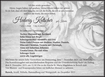 Traueranzeige von Hedwig Kutscher von Südthüringer Presse